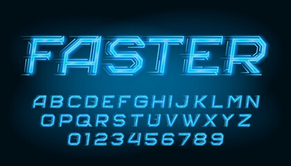 Faster alphabet font. Speed effect neon letters and numbers. Stock vector typeface for your typography.
