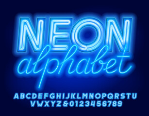 Neon alphabet font. 3D neon letters, numbers and symbols. Stock vector typescript for your design.