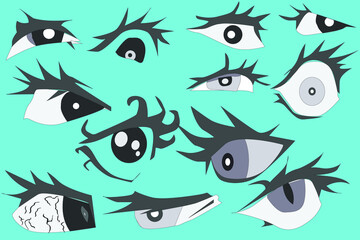 Illustration of eye concept. Mega set. Collection of eyes for anime pictures.