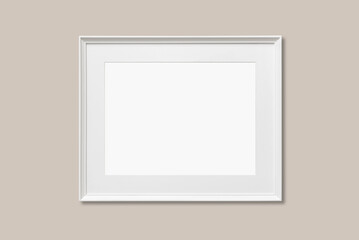 Empty white frame mockup on beige neutral wall background, One horizontal artwork template for...