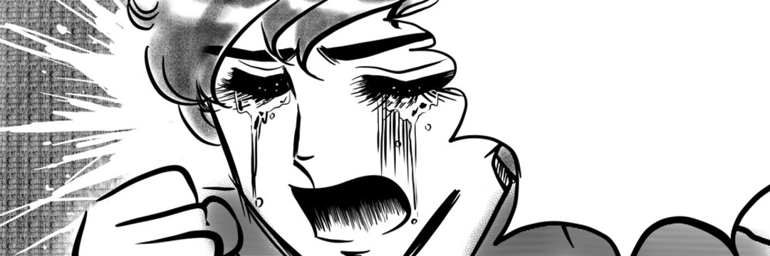 70年代少女漫画拳を握り泣き叫ぶ天然パーマのイケメン少年のイラスト