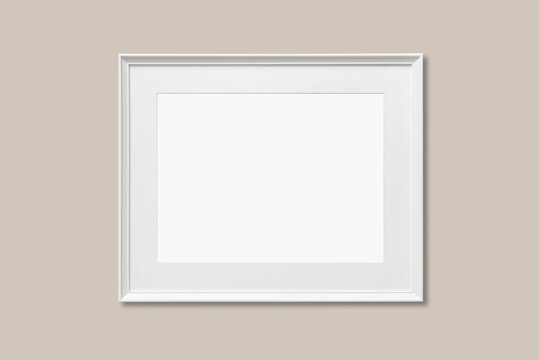 Empty white frame mockup on beige neutral wall background, One horizontal artwork template for painting, poster or photo
