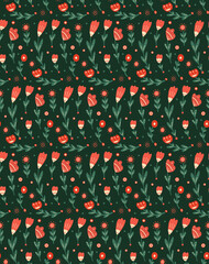 Vector seamless rustic floral pattern. Texture with flower with folk art. Wallpaper with tulips with naive decorations on green background with polka dot.