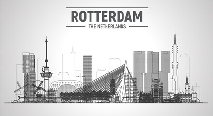 Rotterdam the Netherlands line skyline with panorama at white background. Stroke Illustration. Business travel and tourism concept with modern buildings. Image for banner or website