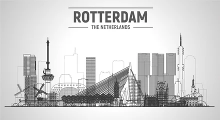 Papier Peint photo Rotterdam Rotterdam aux Pays-Bas ligne d& 39 horizon avec panorama sur fond blanc. Illustration de l& 39 AVC. Concept de voyage d& 39 affaires et de tourisme avec des bâtiments modernes. Image pour bannière ou site web