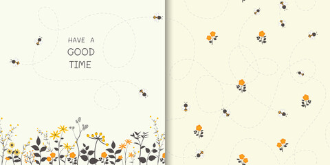 Set of cute little bees happy on the flowers garden with seamless pattern,for kid product,fashion,fabric,textile,print,banner,surface design or greeting card
