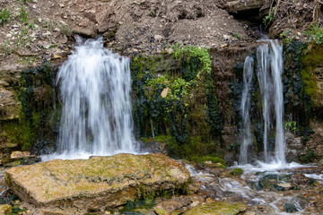 Obraz premium Millennial cold forest creek, little waterfalls over the rocks with slippery moss