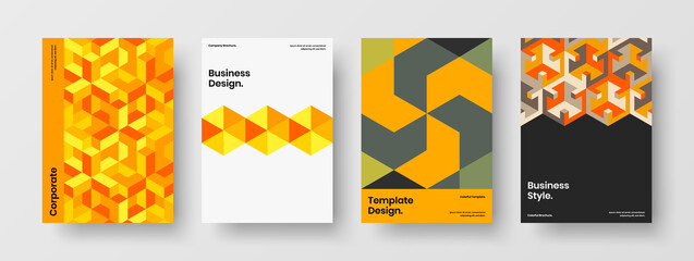 Modern booklet A4 vector design layout composition. Colorful mosaic hexagons leaflet illustration set.