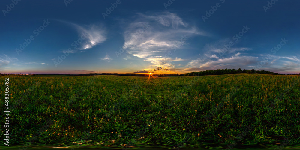 Wall mural evening hdr panorama 360 view among farming fields with sunset clouds in equirectangular spherical p