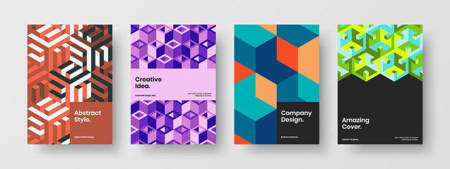 Fototapeta premium Fresh magazine cover vector design illustration composition. Simple mosaic tiles leaflet layout bundle.
