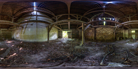 360 hdr panorama inside abandoned ruined wooden decaying hangar or old building in full seamless...