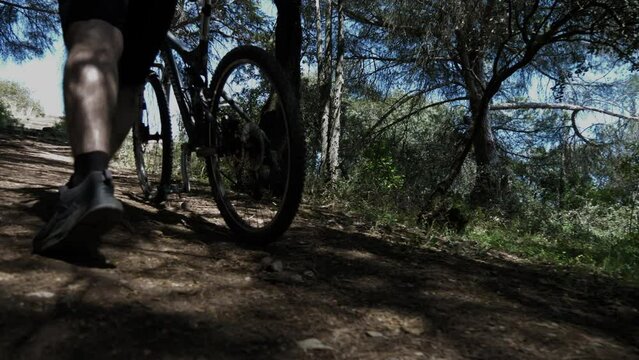 young man pushing mountain bike in forest trail slow motion 4k