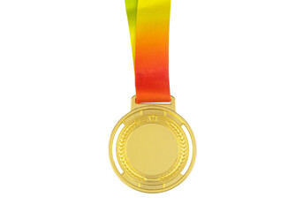 Gold medal with rainbow ribbon isolated on white background