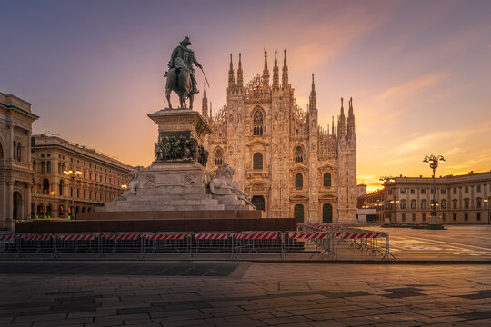 Duomo , Milan gothic cathedral at sunrise,Europe.Horizontal photo with copy-space.