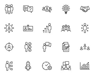 set of business people line icons, teamwork, group, meeting, member