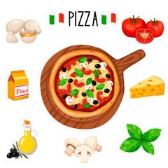 Pizza on the board and ingredients for the pizza on the chalkboard. Vector illustration for the menu, in the shop, in the bar, the card, or stickers.