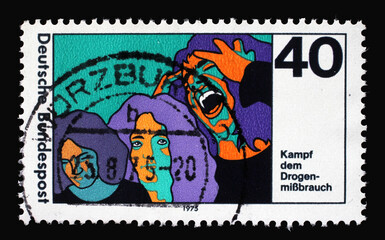 A stamp printed in Germany shows Drug Abuse Campaign to Fight Drug and Intoxicant Abuse, circa 1975