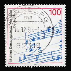 A stamp printed in Germany shows Autograph of Michael Bach Nachtisch, 75th Anniversary of...
