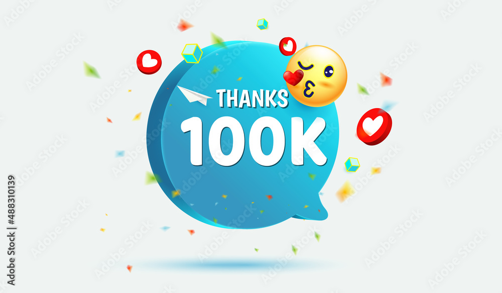 Wall mural Thank you 100K. One hundred thousand of subscribers or followers with social network blue icons neon style, Smile face emoji emoticon icon , doodle, message and heart for Web, App - Wall murals