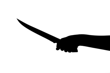 Dark silhouette of a hand holding a knife on a white background