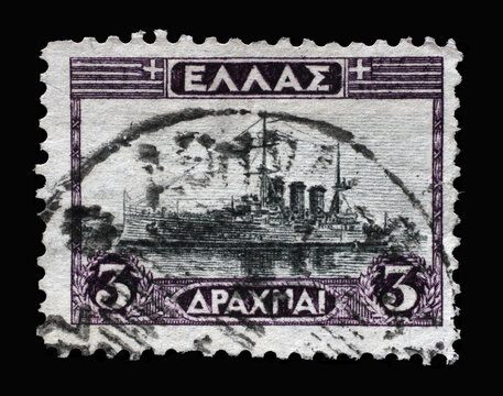 Stamp printed in Greece shows image of Cruiser Georgios Averoff, circa 1934
