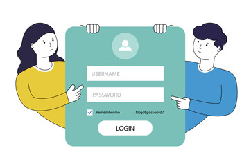 User interface window entering personal information to login into website. Man and woman next to account login form. Security concept.