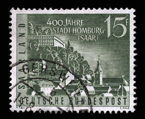 Stamp from Germany area Saar shows Historic center of Homburg, circa 1958