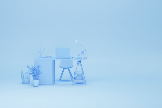 Pastel blue monochrome minimal office table desk. Minimal idea concept for study desk and workspace, art work. Mockup template, 3d rendering
