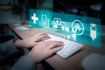 Fototapeta na wymiar Telemedical service technology concept, Closeup hand typing and working with virtual screen Ui interface selection medical online service