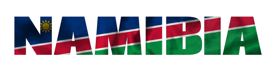 Inscription Namibia in the colors of the waving flag of Namibia. Country name on isolated background. image - 3D illustration.