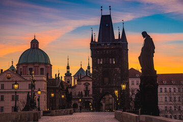 Majestic Charles Bridge scenic view at sunrise in Prague