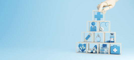 Wood hand arranging wood block with healthcare medical icon. Health insurance - concept 3d rendering blue background