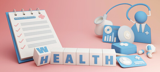 health insurance form flip wood cube with word wealth to health surrounded by shields Heart shapes hatrates and pills. First aid box id card isolate on pink background with money, coins. 3d rendering