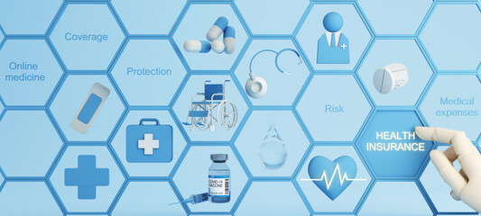 Health insurance concept with words coverage, protection, risk, and security online medicine on a virtual screen and a cartoon wood hand touching a button, isolated on blue background 3d rendering