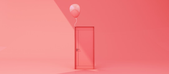 Close pink door on pink background with sunlight shade and shadow with pink balloon. 3d render