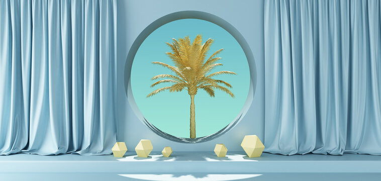 Minimalistic Scene With Yellow Palm Tree In The Hole And Blue Curtains