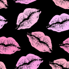 Vector seamless pattern with pink lip imprints isolated on black background.