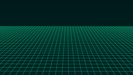 Perspective green grid on a dark background. Futuristic vector illustration. Background in the style of the 80s.