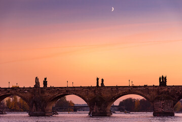 Fototapeta na wymiar Majestic Charles Bridge scenic view at sunrise in Prague