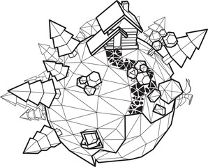 low poly cartoon planet earth with fir trees, house, trees, lake, well, whale. Vector black and white illustration isolated on white background.