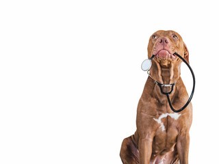 Lovable, pretty puppy of brown color. Close-up, indoor, isolated background. Day light. Pet care concept
