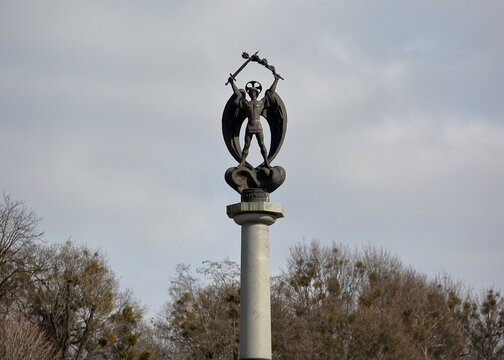 Statue of Saint Michael the Archangel or Saint Michael the Taxiarch in Orthodoxy in Lychakiv Cemetery in Lviv, Ukraine.