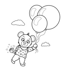 Coloring page. Cute bear holding a rose and flying with balloons in the sky
