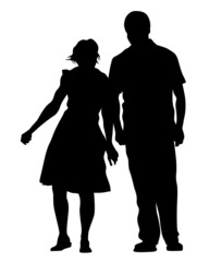 Young man and woman are standing next to each other. Isolated silhouette on a white background