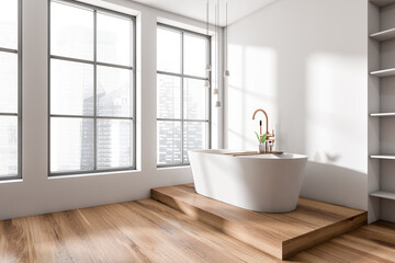 Fototapeta na wymiar Bright bathroom interior with bathtub, panoramic window with city view, shelf niche, white walls, hardwood floor. Concept of hygienic and spa procedures for health. 3d rendering