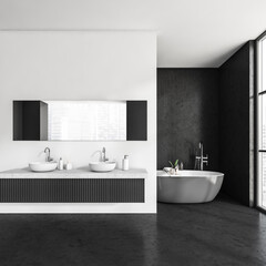black and white bathroom interior with bathtub, double sink, panoramic window with city view, empty walls, concrete floor. Concept of hygienic and spa procedures for health. 3d rendering