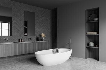 Fototapeta na wymiar Grey bathroom interior with sinks and bathtub, rack with decoration