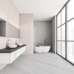 Grey and pink bathroom interior with bathtub, double sink, panoramic window with city view, empty walls, concrete floor. Concept of hygienic and spa procedures for health. 3d rendering