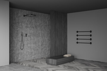 Corner view on dark bathroom interior with shower, wooden partition