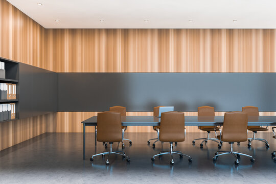 Dark business room interior with seats, table and shelf on concrete floor
